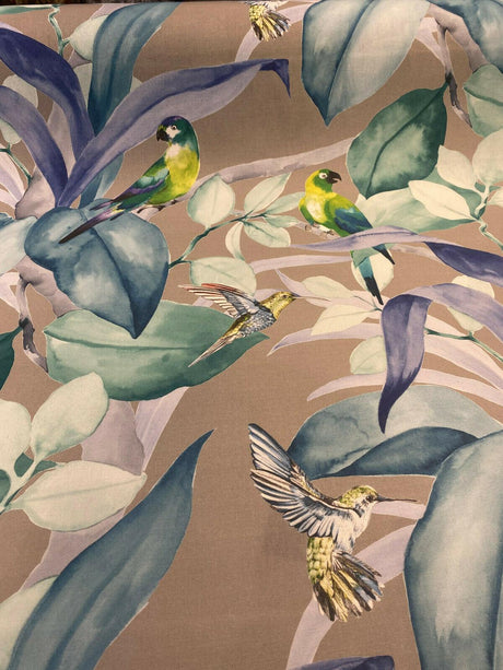 Green Birds Blue Floral Branches 100 Percent Cotton Fabric - Blue, Gray Floral Branches, 54" Width (1 Yard)