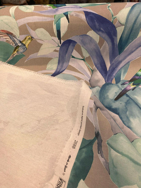 Green Birds Blue Floral Branches 100 Percent Cotton Fabric - Blue, Gray Floral Branches, 54" Width (1 Yard)