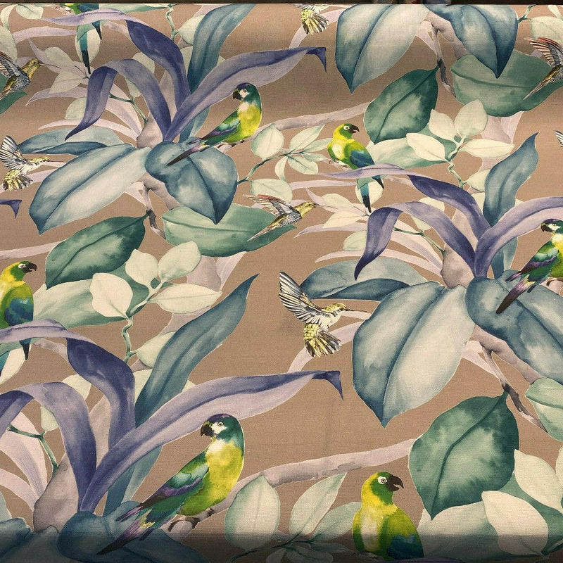 Green Birds Blue Floral Branches 100 Percent Cotton Fabric - Blue, Gray Floral Branches, 54" Width (1 Yard)