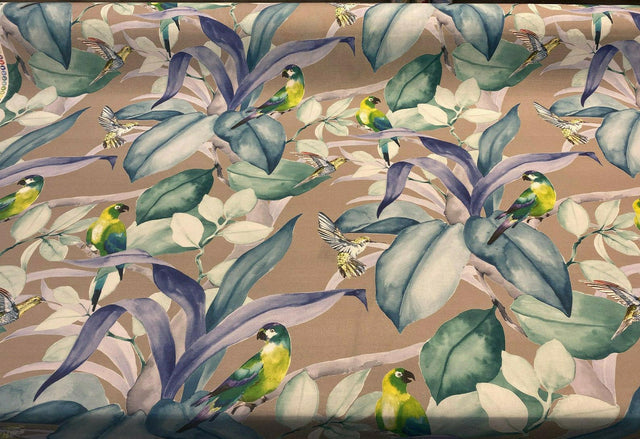 Green Birds Blue Floral Branches 100 Percent Cotton Fabric - Blue, Gray Floral Branches, 54" Width (1 Yard)