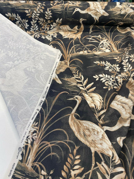 Nikita Egret Bird Cotton Fabric - White And Bronze Egret Birds On Black And Brown Tint Background, 54" Width, 27" Horizontal Repeat, 25" Vertical Repeat (1 Yard)