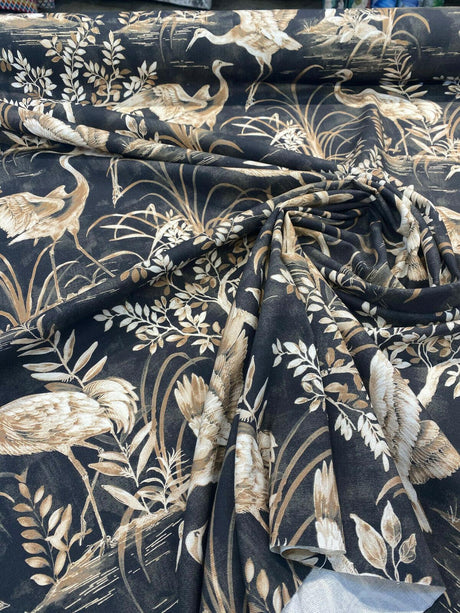 Nikita Egret Bird Cotton Fabric - White And Bronze Egret Birds On Black And Brown Tint Background, 54" Width, 27" Horizontal Repeat, 25" Vertical Repeat (1 Yard)