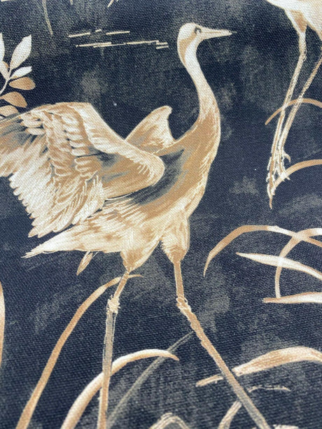 Nikita Egret Bird Cotton Fabric - White And Bronze Egret Birds On Black And Brown Tint Background, 54" Width, 27" Horizontal Repeat, 25" Vertical Repeat (1 Yard)