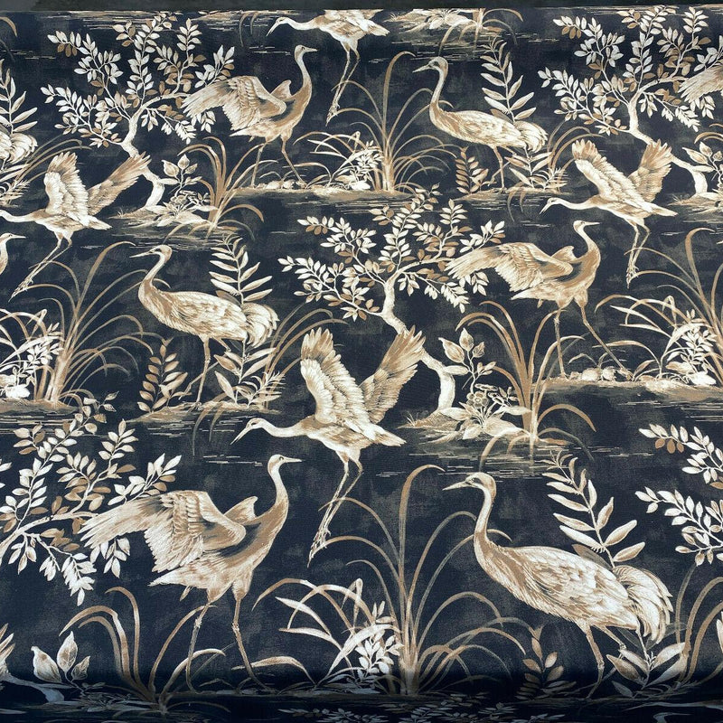 Nikita Egret Bird Cotton Fabric - White And Bronze Egret Birds On Black And Brown Tint Background, 54" Width, 27" Horizontal Repeat, 25" Vertical Repeat (1 Yard)