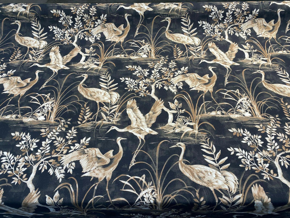 Nikita Egret Bird Cotton Fabric - White And Bronze Egret Birds On Black And Brown Tint Background, 54" Width, 27" Horizontal Repeat, 25" Vertical Repeat (1 Yard)