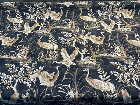 Nikita Egret Bird Cotton Fabric - White And Bronze Egret Birds On Black And Brown Tint Background, 54" Width, 27" Horizontal Repeat, 25" Vertical Repeat (1 Yard)