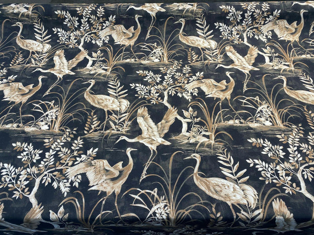 Nikita Egret Bird Cotton Fabric - White And Bronze Egret Birds On Black And Brown Tint Background, 54" Width, 27" Horizontal Repeat, 25" Vertical Repeat (1 Yard)