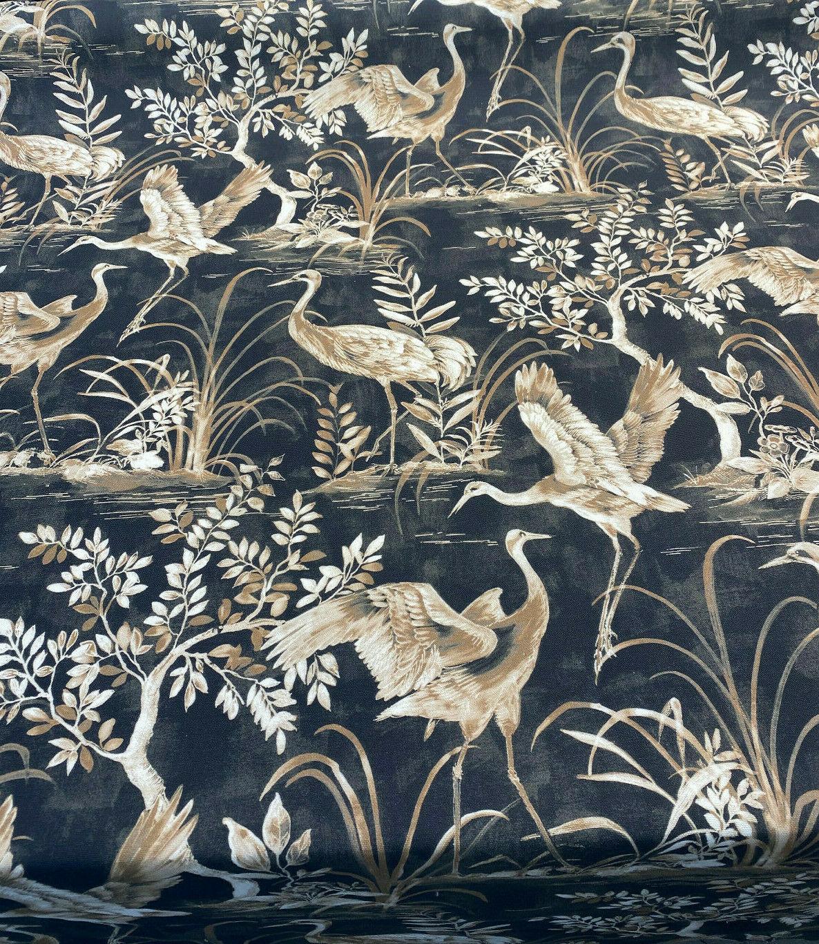 Nikita Egret Bird Cotton Fabric - White And Bronze Egret Birds On Black And Brown Tint Background, 54" Width, 27" Horizontal Repeat, 25" Vertical Repeat (1 Yard)