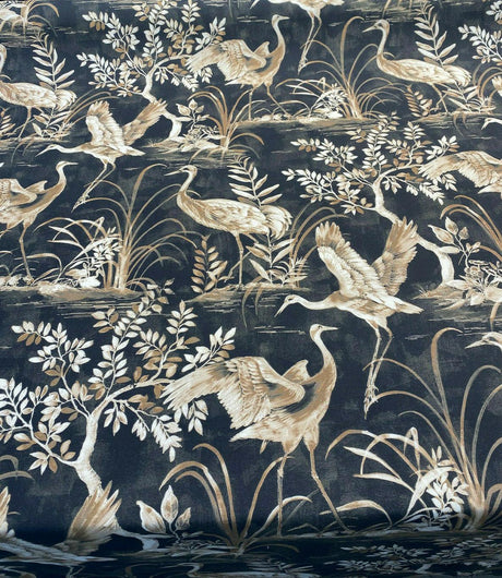 Nikita Egret Bird Cotton Fabric - White And Bronze Egret Birds On Black And Brown Tint Background, 54" Width, 27" Horizontal Repeat, 25" Vertical Repeat (1 Yard)