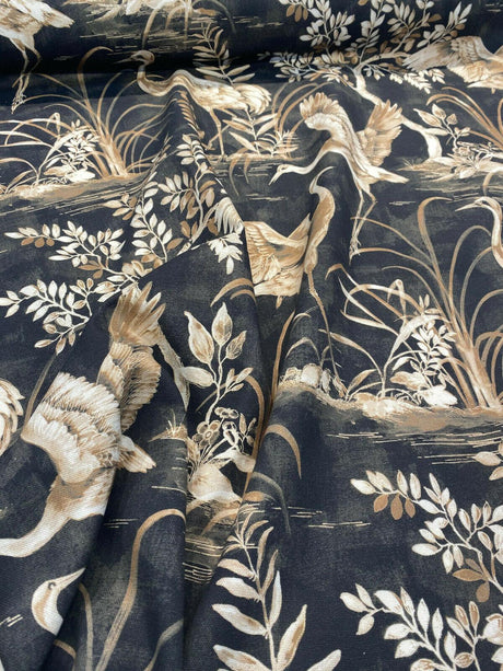 Nikita Egret Bird Cotton Fabric - White And Bronze Egret Birds On Black And Brown Tint Background, 54" Width, 27" Horizontal Repeat, 25" Vertical Repeat (1 Yard)