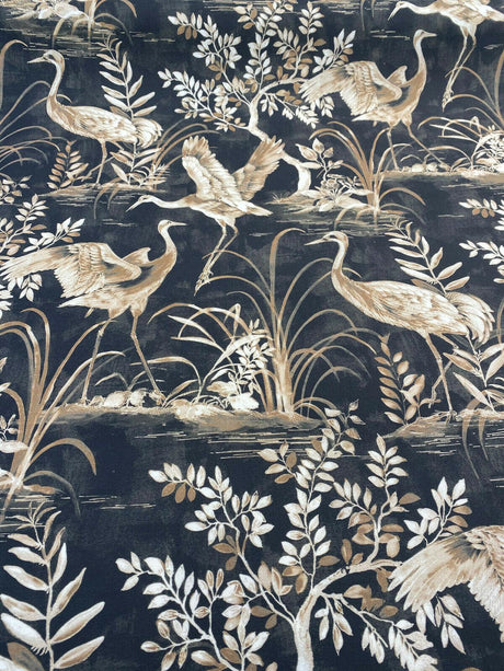 Nikita Egret Bird Cotton Fabric - White And Bronze Egret Birds On Black And Brown Tint Background, 54" Width, 27" Horizontal Repeat, 25" Vertical Repeat (1 Yard)