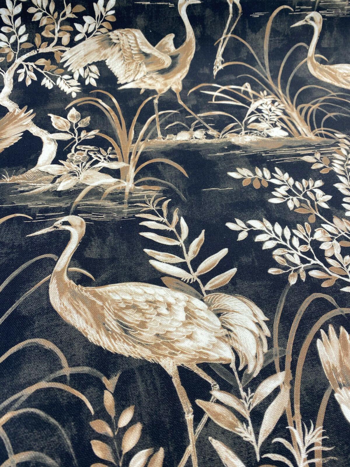 Nikita Egret Bird Cotton Fabric - White And Bronze Egret Birds On Black And Brown Tint Background, 54" Width, 27" Horizontal Repeat, 25" Vertical Repeat (1 Yard)