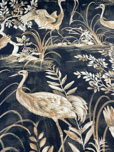 Nikita Egret Bird Cotton Fabric - White And Bronze Egret Birds On Black And Brown Tint Background, 54" Width, 27" Horizontal Repeat, 25" Vertical Repeat (1 Yard)
