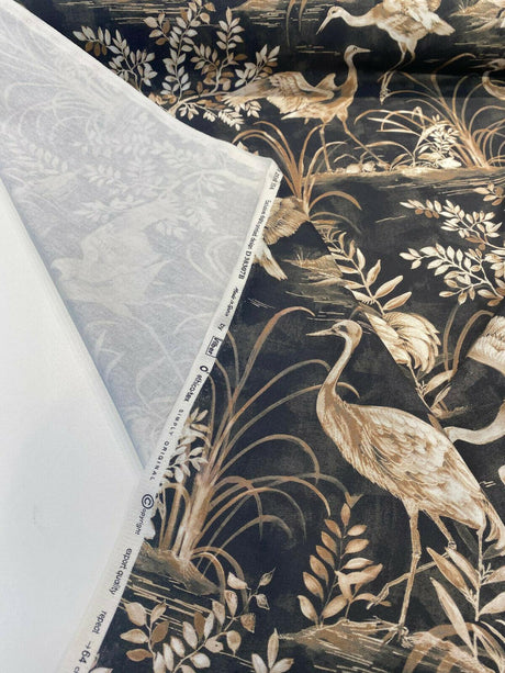 Nikita Egret Bird Cotton Fabric - White And Bronze Egret Birds On Black And Brown Tint Background, 54" Width, 27" Horizontal Repeat, 25" Vertical Repeat (1 Yard)