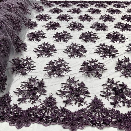 1 Yard Whimsical Pink Beaded 3D Floral Lace Fabric on Net Mesh 50 inch Width