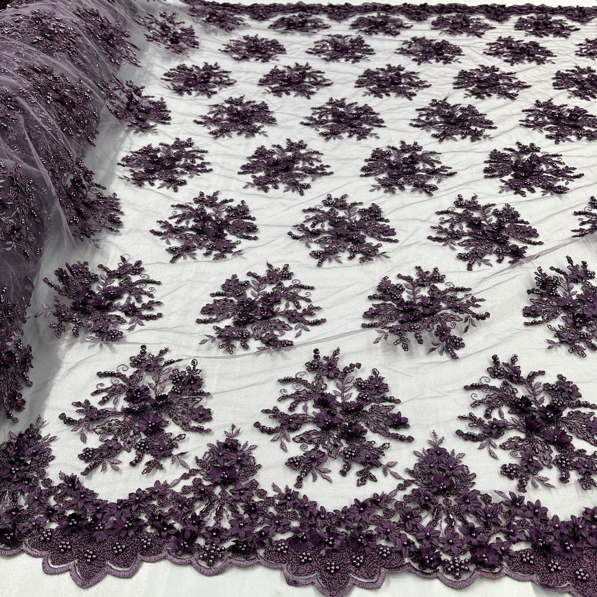 Beaded 3D Floral Lace Fabric - 3D Floral Beaded Embroidery, 50" Wide (1 Yard)