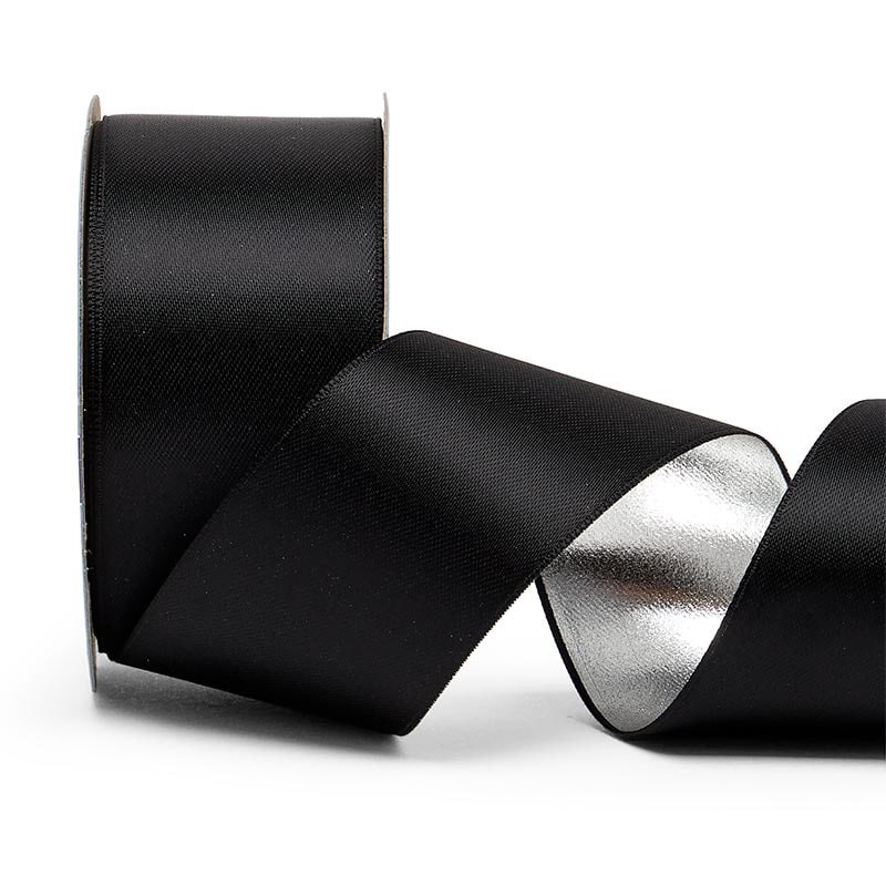 Satin/Metallic Back Ribbon 1 1/2 '' X 10 yd Black / Silver Color 1 / roll