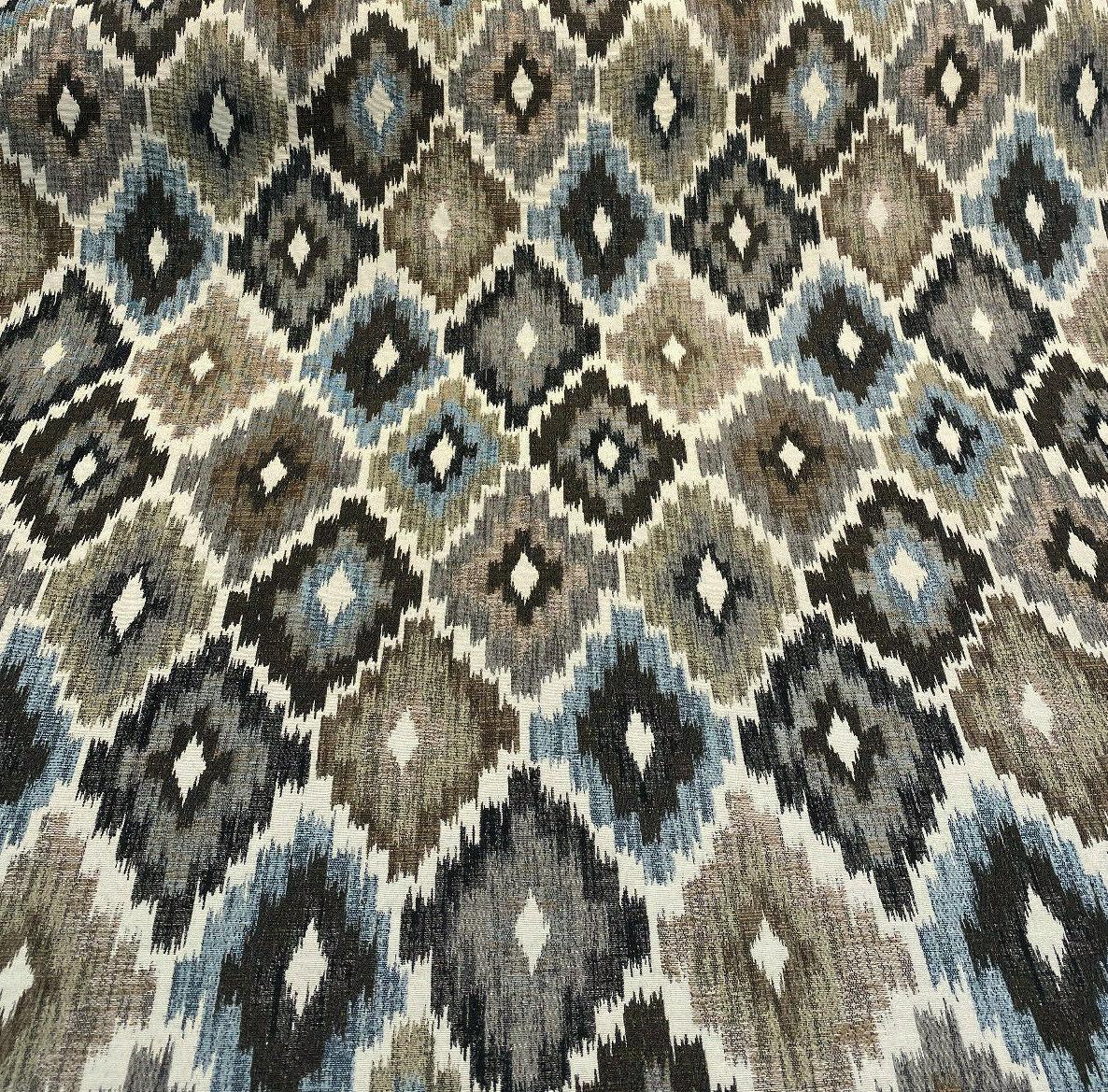 Conquest Chenille Upholstery Fabric - Brown/Blue Ikat, 56" Width (1 Yard)