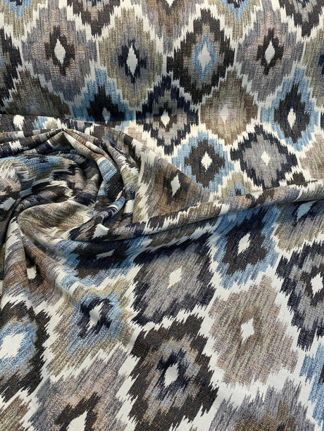 Conquest Chenille Upholstery Fabric - Brown/Blue Ikat, 56" Width (1 Yard)
