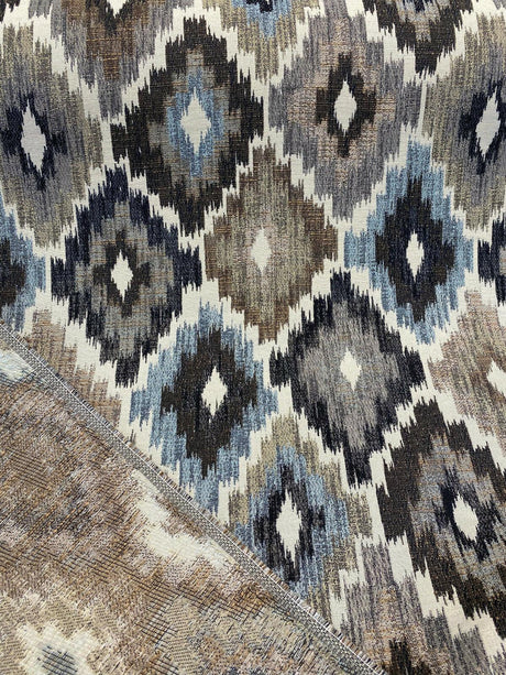 Conquest Chenille Upholstery Fabric - Brown/Blue Ikat, 56" Width (1 Yard)