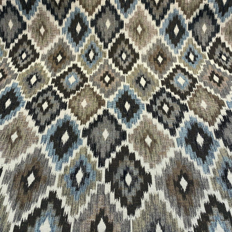 Conquest Chenille Upholstery Fabric - Brown/Blue Ikat, 56" Width (1 Yard)