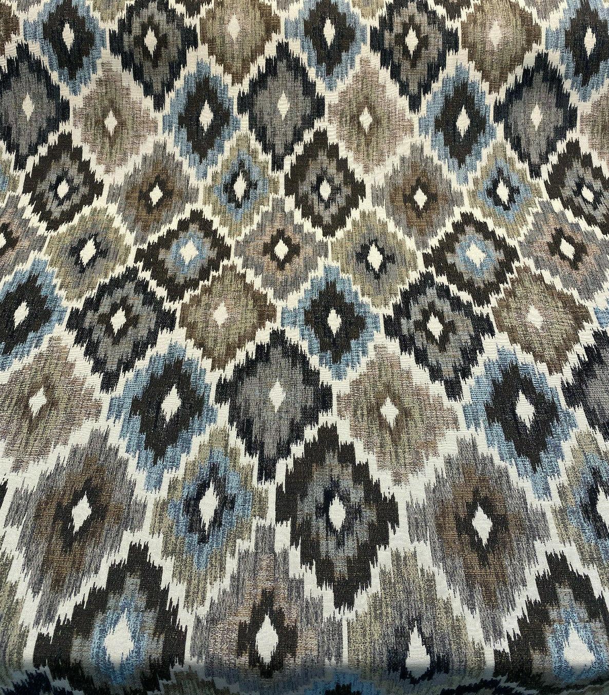 Conquest Chenille Upholstery Fabric - Brown/Blue Ikat, 56" Width (1 Yard)