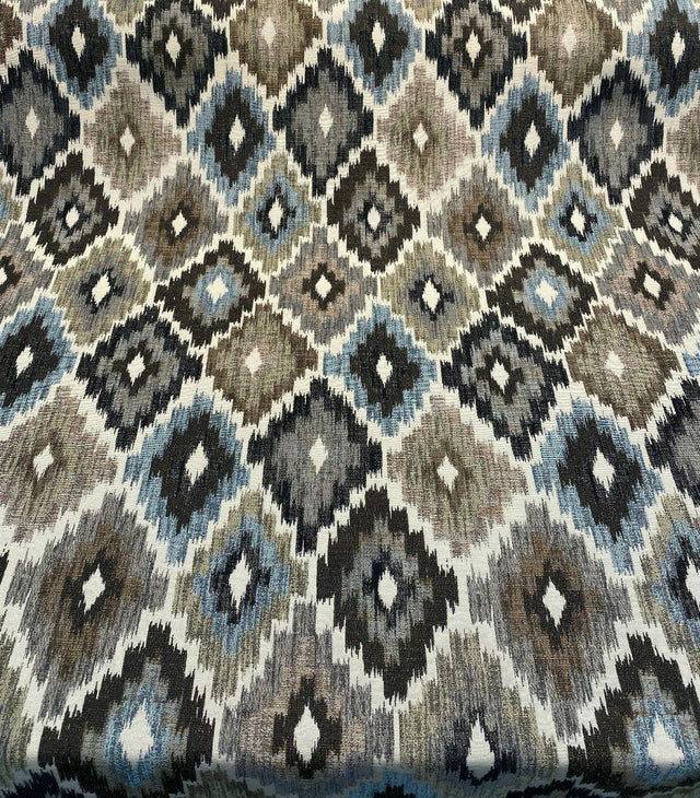 Conquest Chenille Upholstery Fabric - Brown/Blue Ikat, 56" Width (1 Yard)