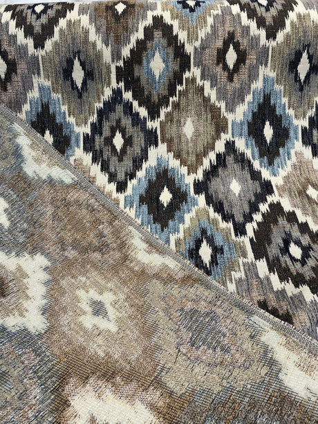 Conquest Chenille Upholstery Fabric - Brown/Blue Ikat, 56" Width (1 Yard)