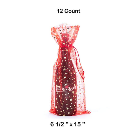 Star Print Organza Wine Bags 6 1/2 '' x 15 '' Red Color 12 EACH / PACKAGE