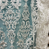 1 Yard Ivory Beaded and Corded Lace Fabric Embroidered on Polyester Net Mesh 51 Inch Width
