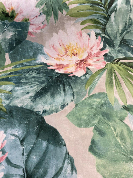 Nasau Tropical Floral Leaves Cotton Fabric - Green Pink Mauve Turquoise Blue Tropical Floral Leaves, 54" Width (1 Yard)