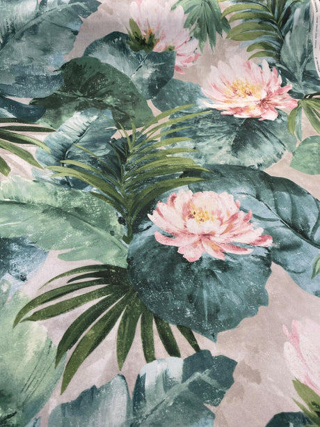 Nasau Tropical Floral Leaves Cotton Fabric - Green Pink Mauve Turquoise Blue Tropical Floral Leaves, 54" Width (1 Yard)