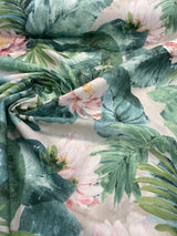 Nasau Tropical Floral Leaves Cotton Fabric - Green Pink Mauve Turquoise Blue Tropical Floral Leaves, 54" Width (1 Yard)