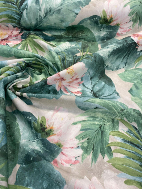 Nasau Tropical Floral Leaves Cotton Fabric - Green Pink Mauve Turquoise Blue Tropical Floral Leaves, 54" Width (1 Yard)