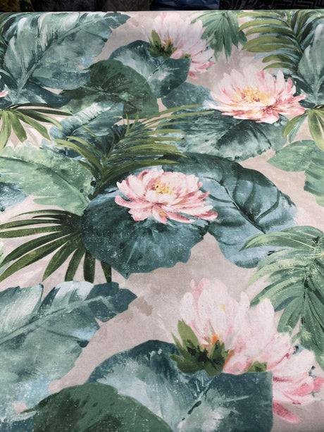 Nasau Tropical Floral Leaves Cotton Fabric - Green Pink Mauve Turquoise Blue Tropical Floral Leaves, 54" Width (1 Yard)