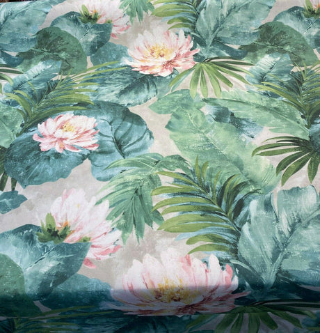 Nasau Tropical Floral Leaves Cotton Fabric - Green Pink Mauve Turquoise Blue Tropical Floral Leaves, 54" Width (1 Yard)