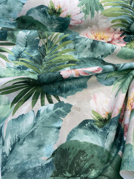 Nasau Tropical Floral Leaves Cotton Fabric - Green Pink Mauve Turquoise Blue Tropical Floral Leaves, 54" Width (1 Yard)
