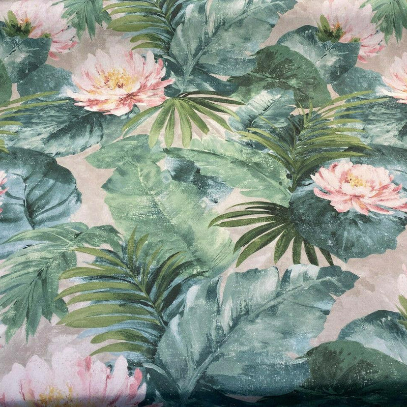 Nasau Tropical Floral Leaves Cotton Fabric - Green Pink Mauve Turquoise Blue Tropical Floral Leaves, 54" Width (1 Yard)