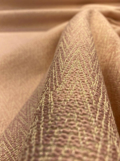Dorian Petal Pink Krelan Regal Chenille Fabric - Petal Pink With Yellow Stitching, Delicate Chevron Design, 54+ Inches Wide (1 Yard)