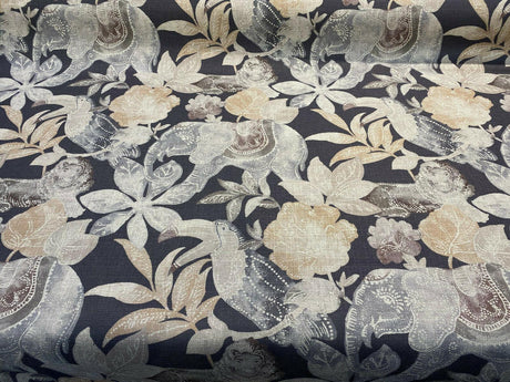 Babar Charcoal Elephant Printed Polyester Fabric - Charcoal Elephant Print, 56" Width (1 Yard)