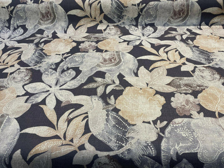 Babar Charcoal Elephant Printed Polyester Fabric - Charcoal Elephant Print, 56" Width (1 Yard)