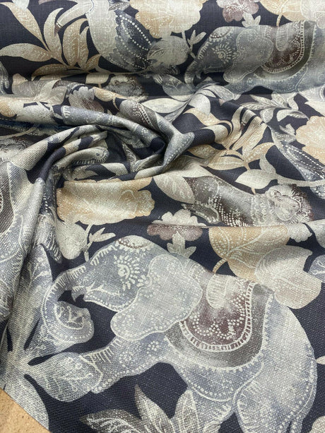 Babar Charcoal Elephant Printed Polyester Fabric - Charcoal Elephant Print, 56" Width (1 Yard)