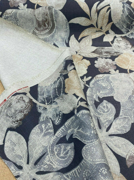 Babar Charcoal Elephant Printed Polyester Fabric - Charcoal Elephant Print, 56" Width (1 Yard)