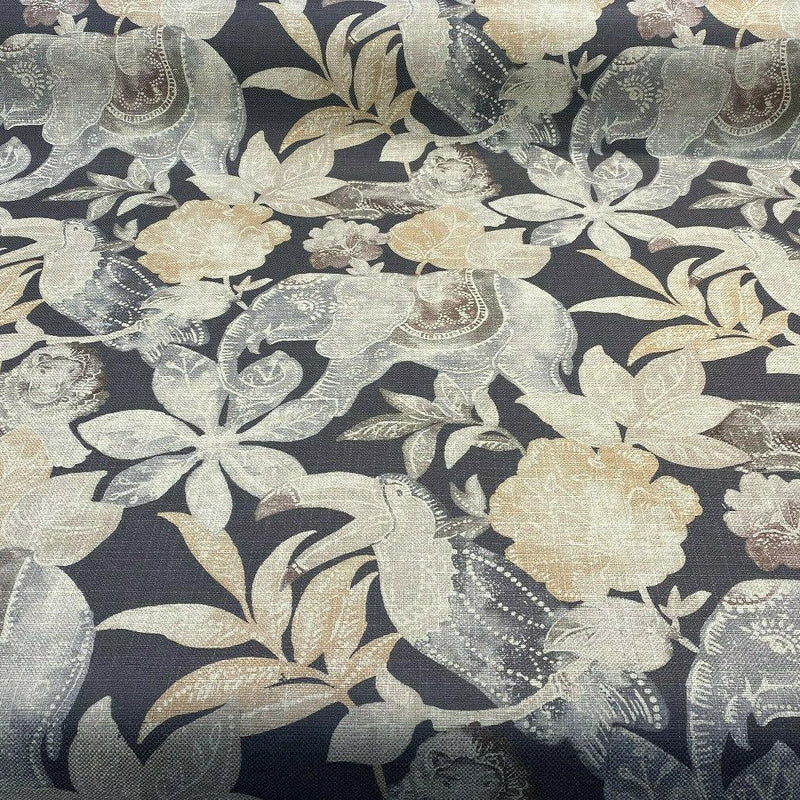 Babar Charcoal Elephant Printed Polyester Fabric - Charcoal Elephant Print, 56" Width (1 Yard)
