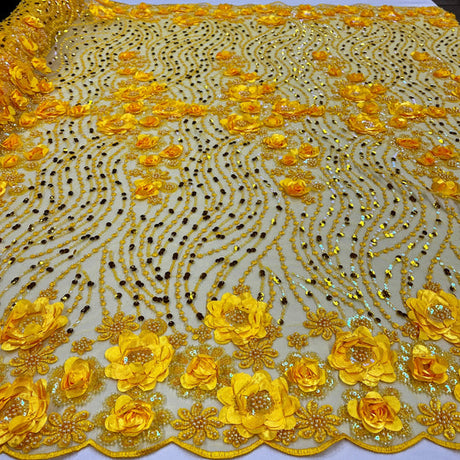 1 Yard Beaded Sequined 3D Floral Lace Fabric Embroidered 100 Percent Polyester Net Mesh 52 inch Width