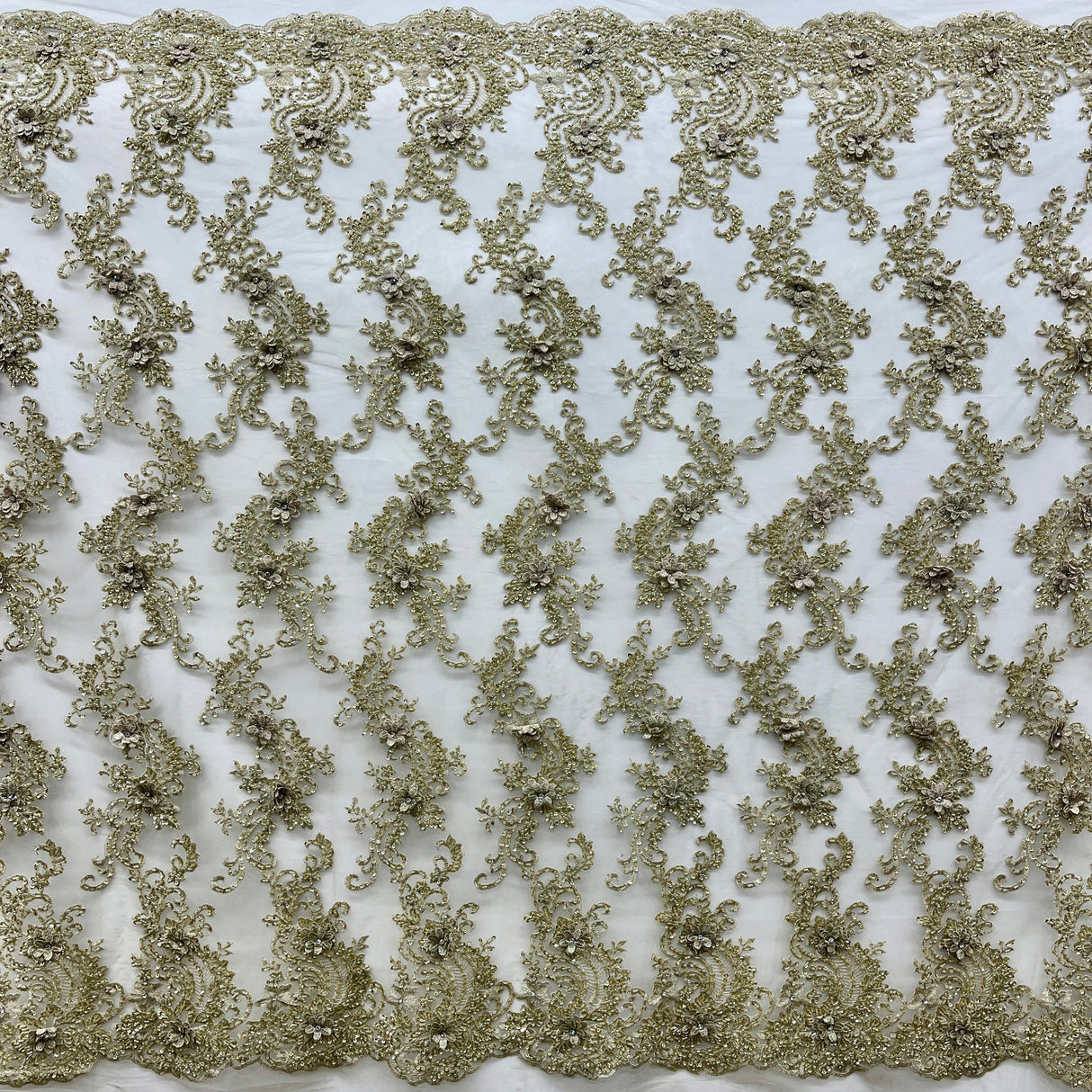 Beaded 3D Floral Lace Fabric - Embroidered 100 Percent Polyester Net Mesh, 3D Floral Beaded Design, 52" Wide (1 Yard)