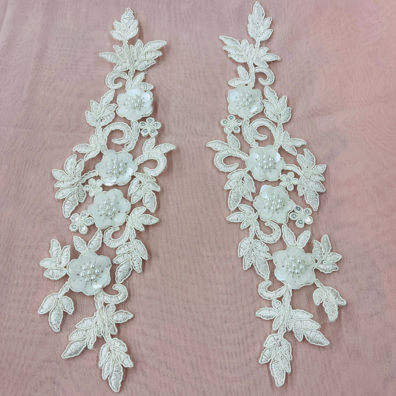 Beaded Corded Floral 3D Lace Applique Polyester Fabric - Floral Embroidered Net Mesh, 11" X 3" Wide Each Side (1 Pair)