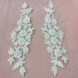 Beaded Corded Floral 3D Lace Applique Polyester Fabric - Floral Embroidered Net Mesh, 11" X 3" Wide Each Side (1 Pair)