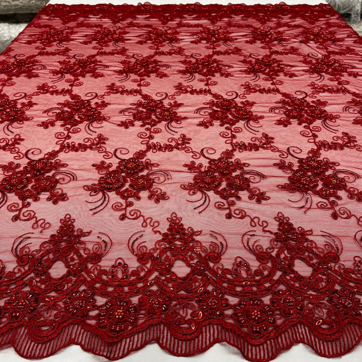 1 Yard Elegant Beaded and Corded Bridal Lace Fabric on Polyester Net Mesh 51" Width