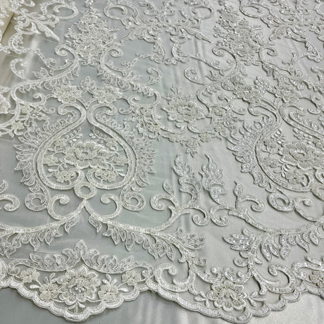 Beaded Corded Bridal Lace Fabric - Dark Ivory, Embroidered, 54" Wide (1 Yard)